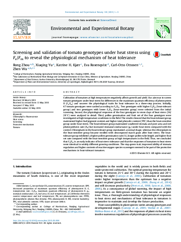 (PDF) Screening and validation of tomato genotypes under heat stress ...