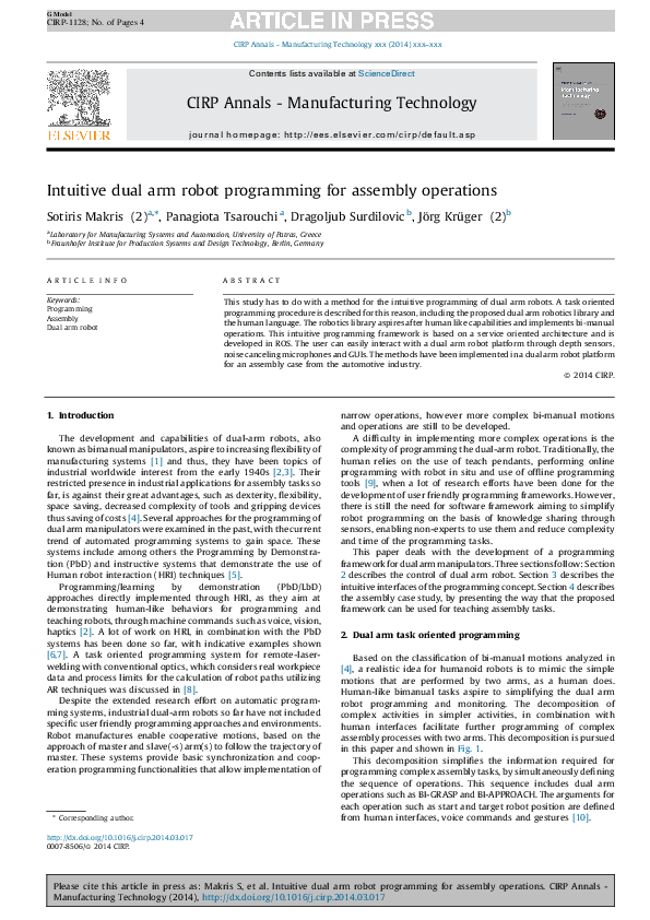 (PDF) Intuitive dual arm robot programming for assembly operations