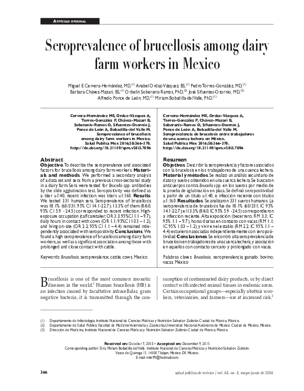 (PDF) Seroprevalence of brucellosis among dairy farm workers in Mexico