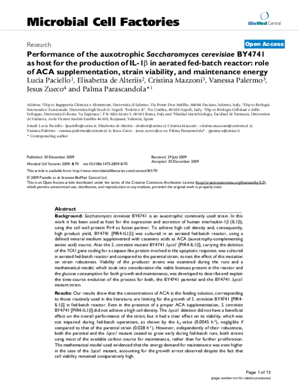 (PDF) Performance of the auxotrophic Saccharomyces cerevisiae BY4741 as ...