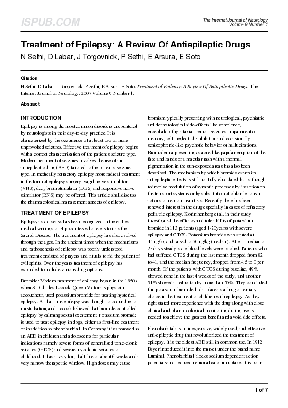 (PDF) Treatment of Epilepsy: A Review Of Antiepileptic Drugs