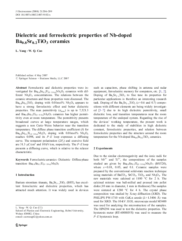 (PDF) Dielectric and ferroelectric properties of Nb-doped Ba0.8Sr0 ...