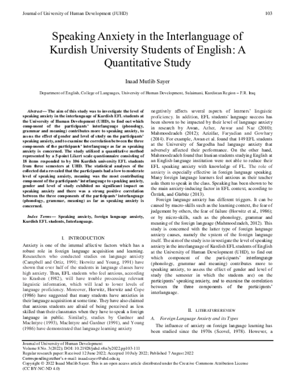 (PDF) Speaking Anxiety in the Interlanguage of Kurdish University ...
