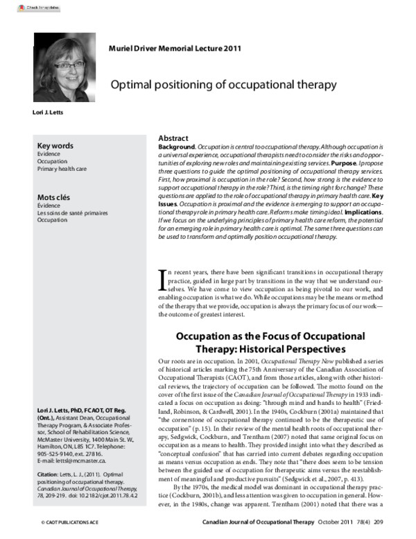 (PDF) Optimal positioning of occupational therapy