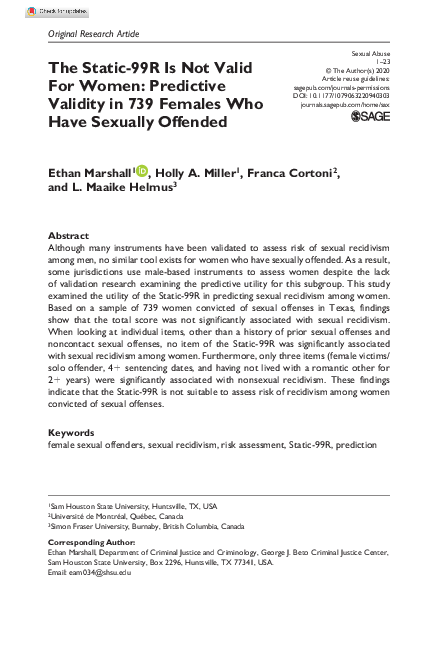 (PDF) The Static-99R Is Not Valid For Women: Predictive Validity in 739 ...