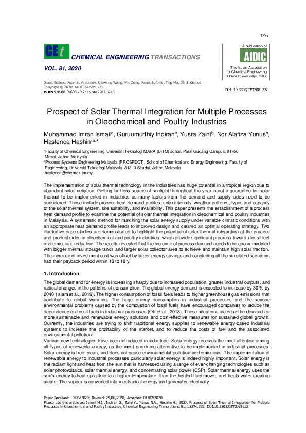 (PDF) Prospect of Solar Thermal Integration for Multiple Processes in ...