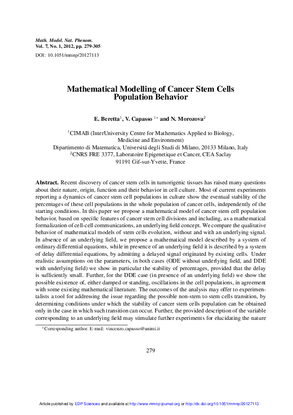 (PDF) Mathematical Modelling of Cancer Stem Cells Population Behavior