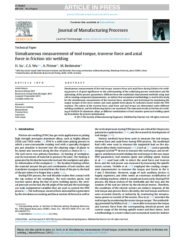 (PDF) Simultaneous measurement of tool torque, traverse force and axial ...