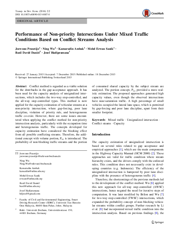 (PDF) Performance of Non-priority Intersections Under Mixed Traffic ...