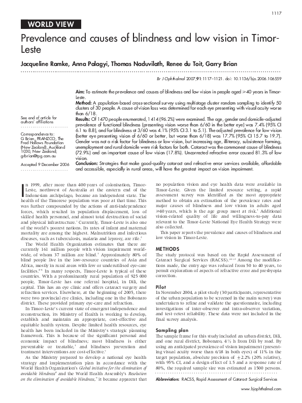 (PDF) Prevalence and causes of blindness and low vision in TimorLeste