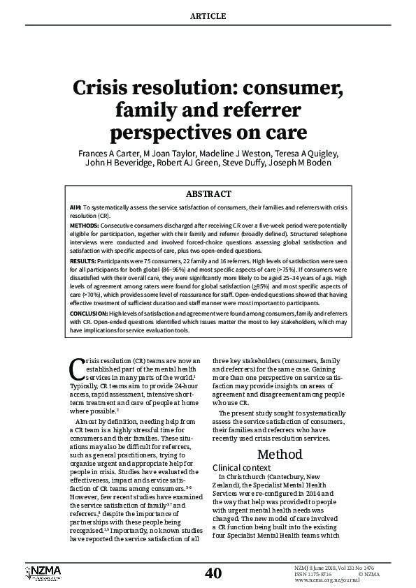 (PDF) Crisis resolution: consumer, family and referrer perspectives on care
