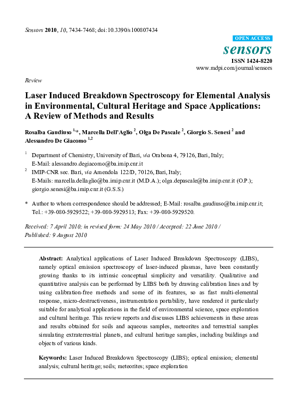 (PDF) Laser Induced Breakdown Spectroscopy for Elemental Analysis in