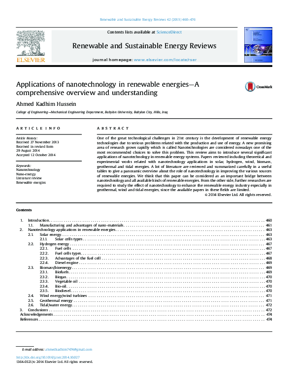 (PDF) Applications of nanotechnology in renewable energies—A ...