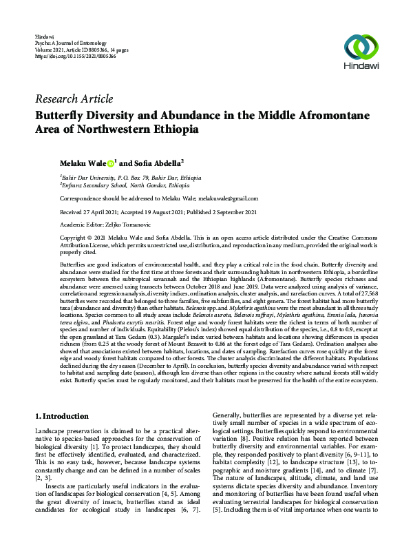 (PDF) Butterfly Diversity and Abundance in the Middle Afromontane Area ...