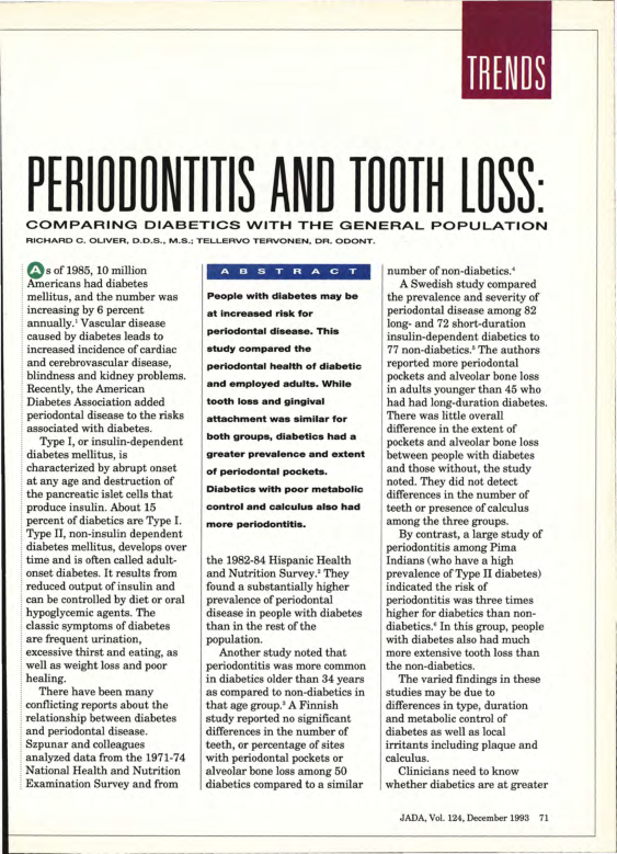 (PDF) Periodontitis and Tooth Loss: Comparing Diabetics with the ...