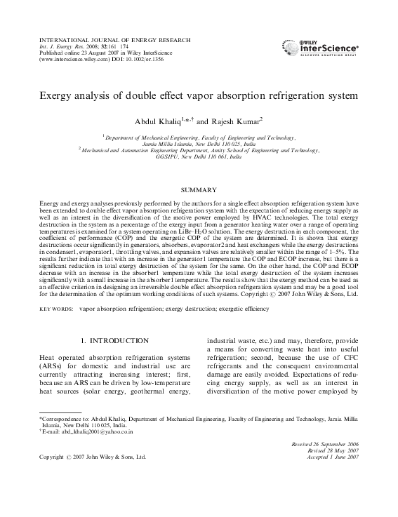 (PDF) Exergy analysis of double effect vapor absorption refrigeration ...