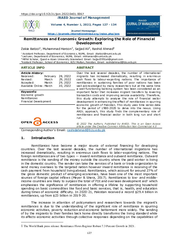 (PDF) Remittances and Economic Growth: Exploring the Role of Financial ...