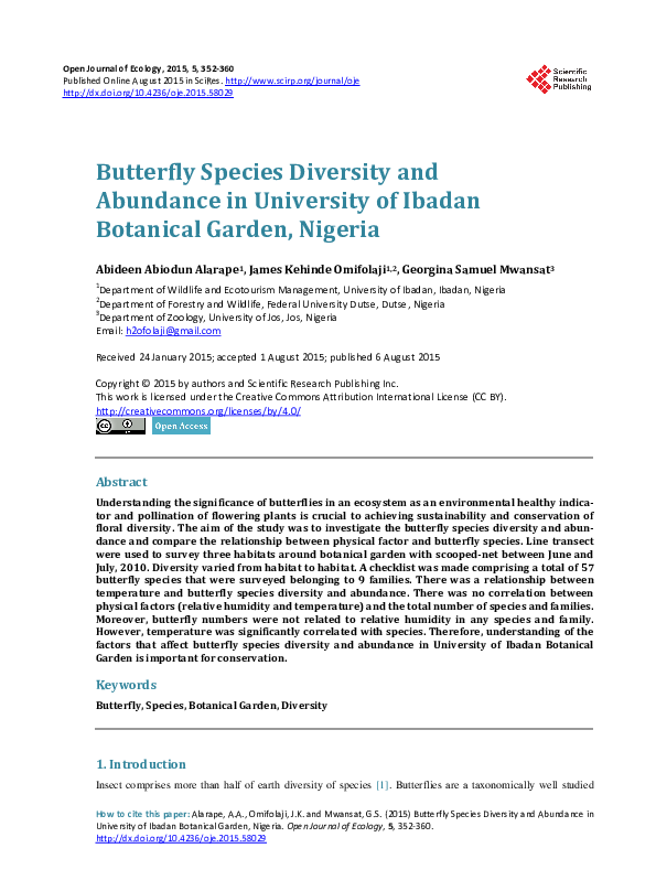 (PDF) Butterfly Species Diversity and Abundance in University of Ibadan ...
