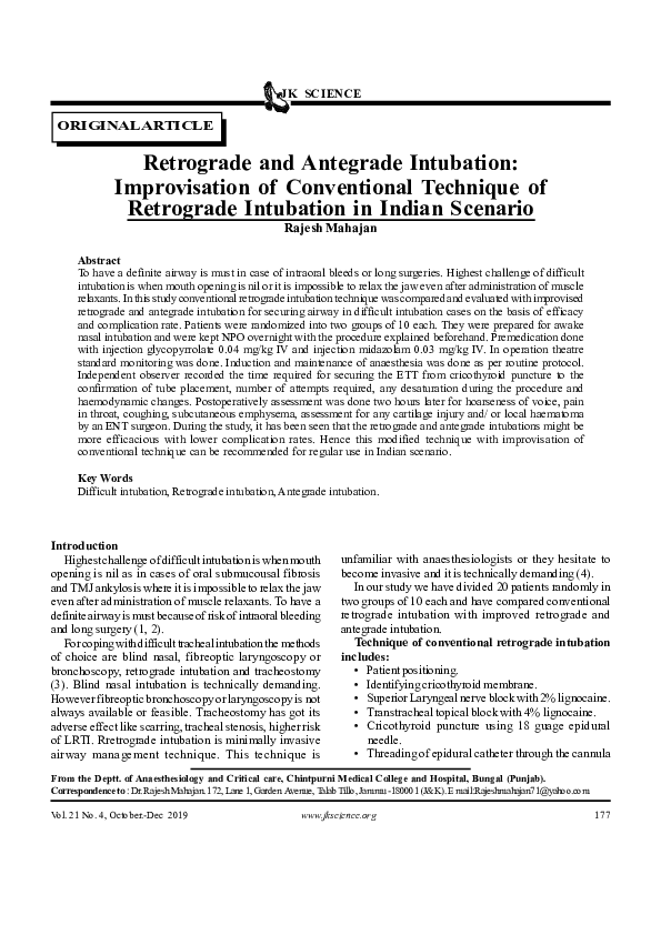 (PDF) Retrograde and Antegrade Intubation: Improvisation of ...