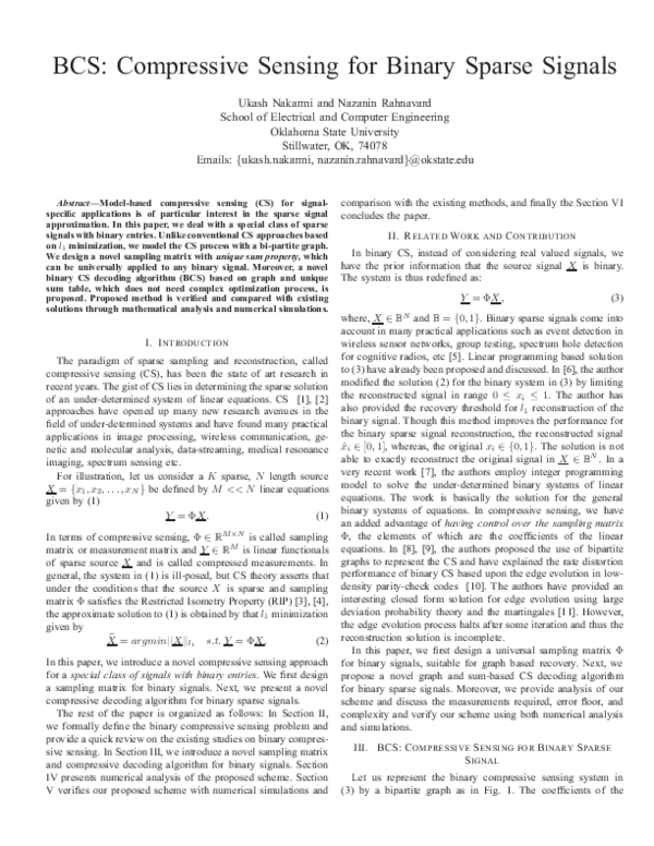 (PDF) BCS: Compressive sensing for binary sparse signals