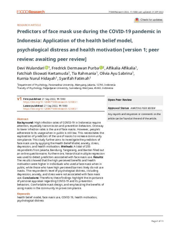 (PDF) Predictors of face mask use during the COVID-19 pandemic in ...