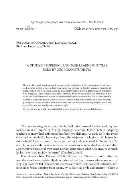 (PDF) A Study of Foreign Language Learning Styles Used by Georgian Students