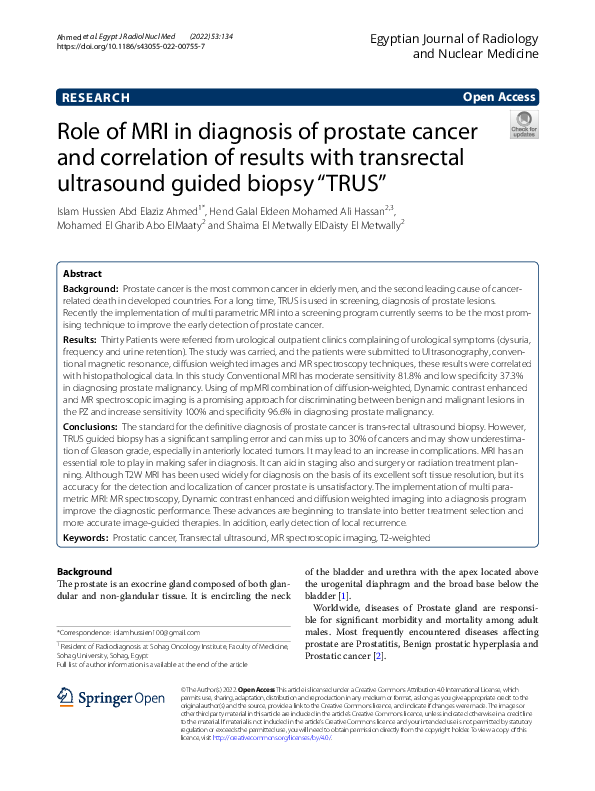 (PDF) Role of MRI in diagnosis of prostate cancer and correlation of ...