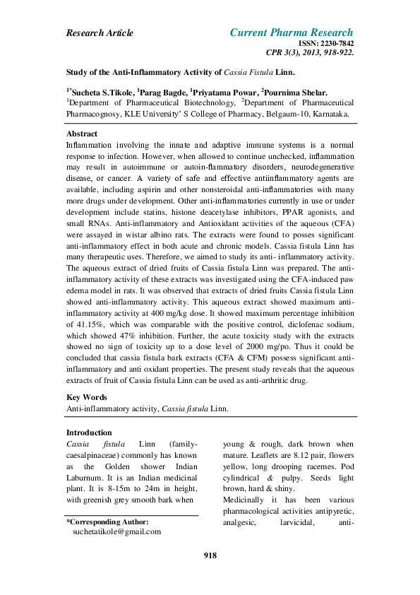 (PDF) Study of the Anti-Inflammatory Activity of Cassia Fistula Linn