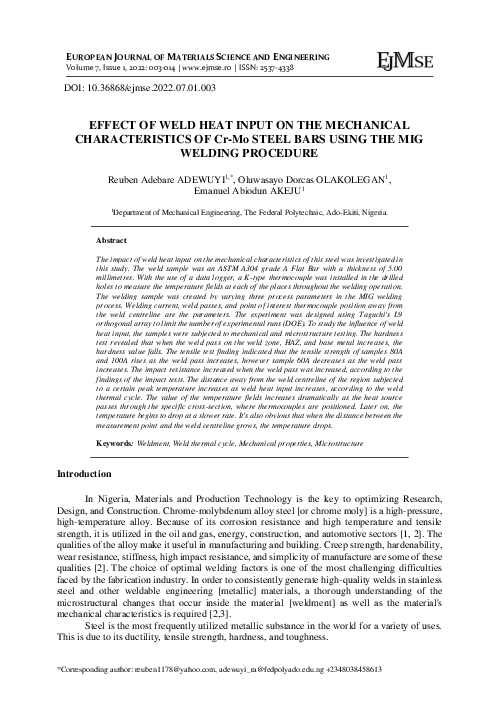 (PDF) EFFECT OF WELD HEAT INPUT ON THE MECHANICAL CHARACTERISTICS OF Cr ...