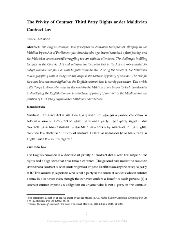 (PDF) The Privity of Contract: Third Party Rights Under Maldivian ...
