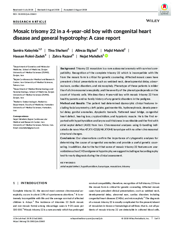 (PDF) Mosaic trisomy 22 in a 4yearold boy with congenital heart