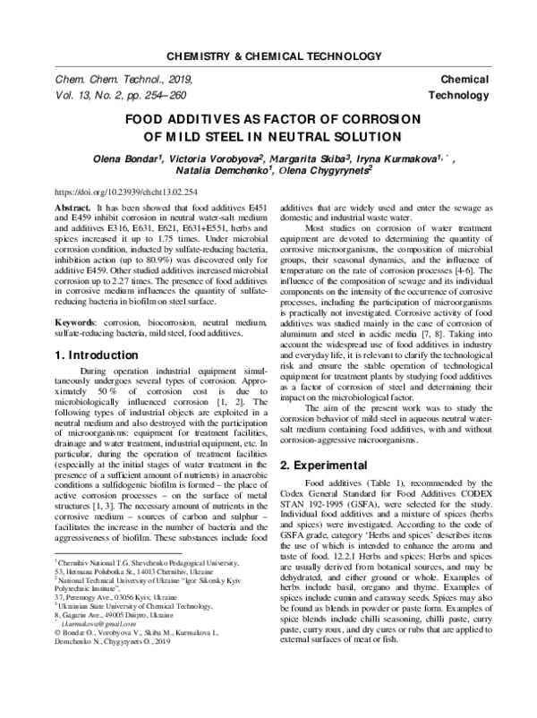 (PDF) Food Additives as Factor of Corrosion of Mild Steel in Neutral ...