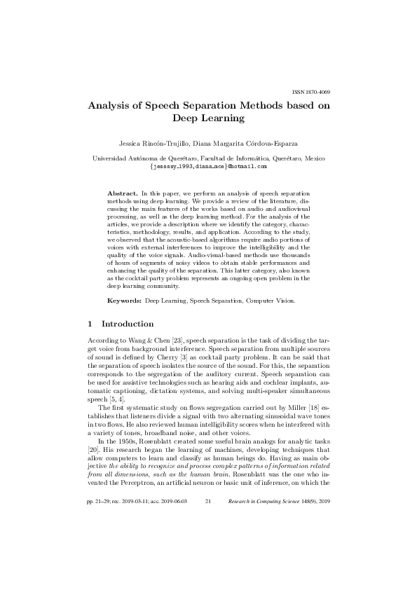 (PDF) Analysis of Speech Separation Methods based on Deep Learning