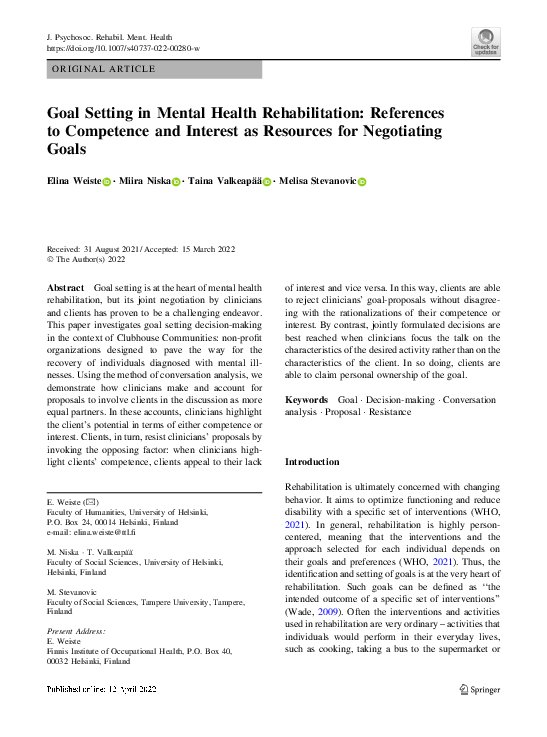 (PDF) Goal Setting in Mental Health Rehabilitation: References to ...