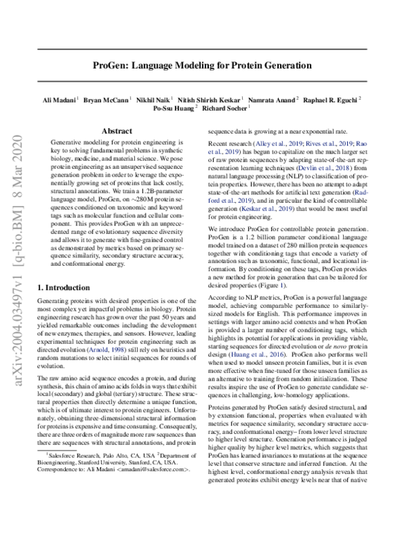 (PDF) ProGen: Language Modeling for Protein Generation