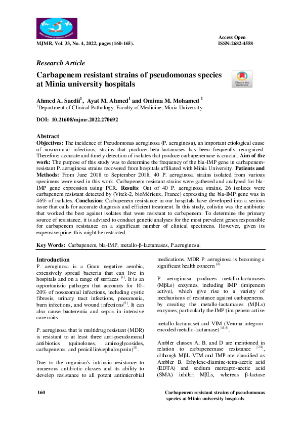(PDF) Carbapenem resistant strains of pseudomonas species at Minia ...