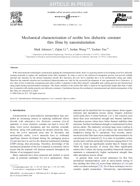 (PDF) Mechanical characterization of zeolite low dielectric constant ...