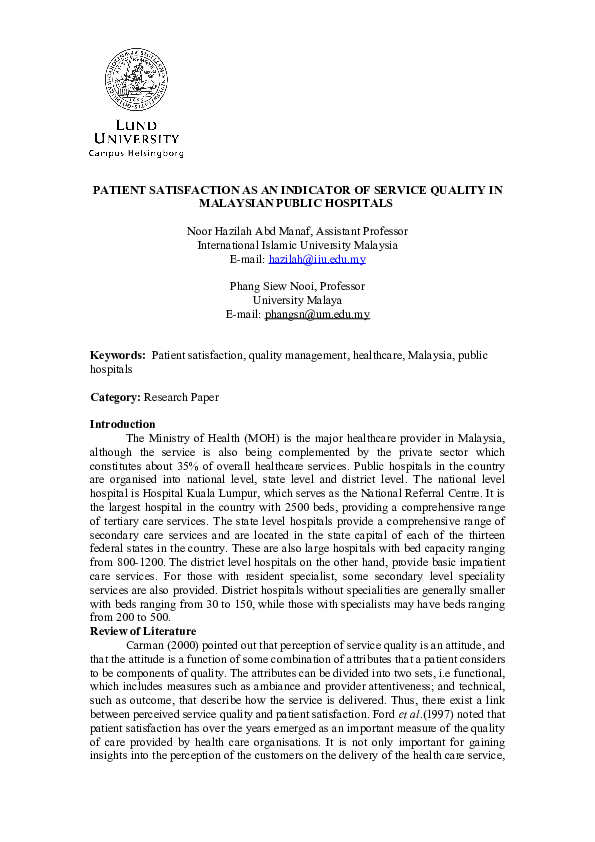 (PDF) Patient Satisfaction as An Indicator of Service Quality In ...