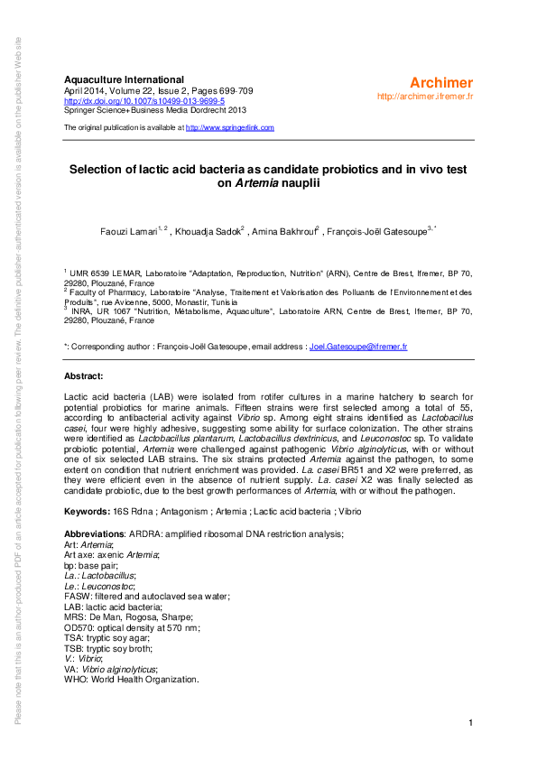 (PDF) Selection of lactic acid bacteria as candidate probiotics and in ...