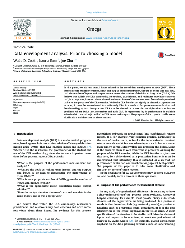 (PDF) Data envelopment analysis: Prior to choosing a model