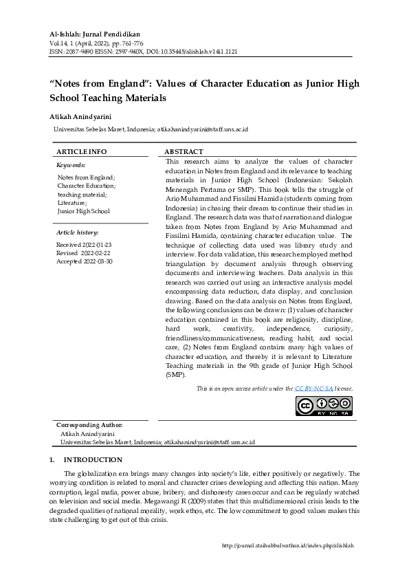 (PDF) “Notes from England”: Values of Character Education as Junior ...