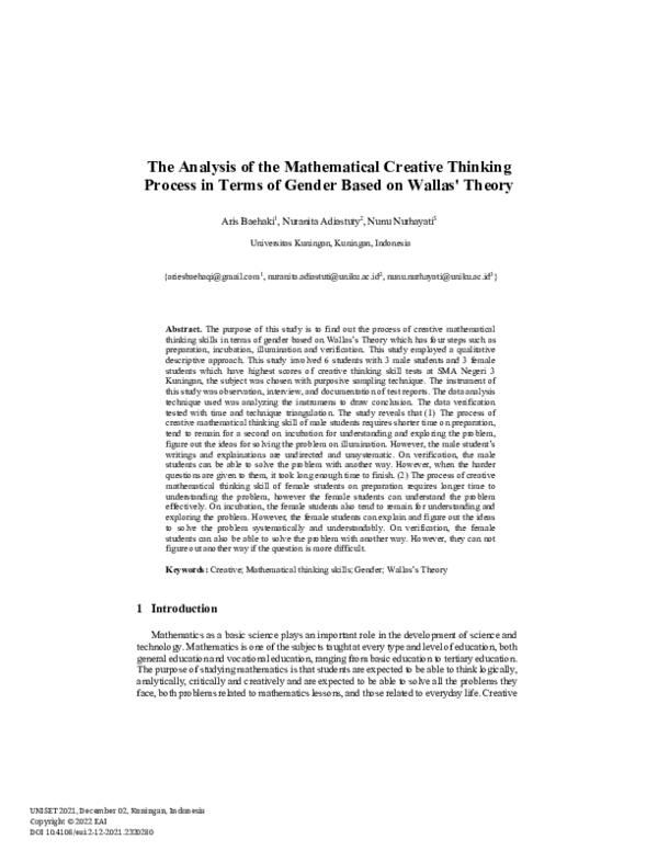 (PDF) The Analysis of the Mathematical Creative Thinking Process in ...