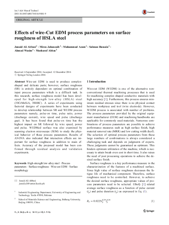 (PDF) Effects of wire-Cut EDM process parameters on surface roughness ...