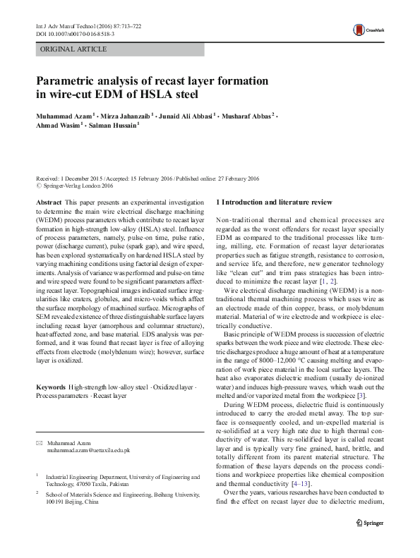 (PDF) Parametric analysis of recast layer formation in wirecut EDM of