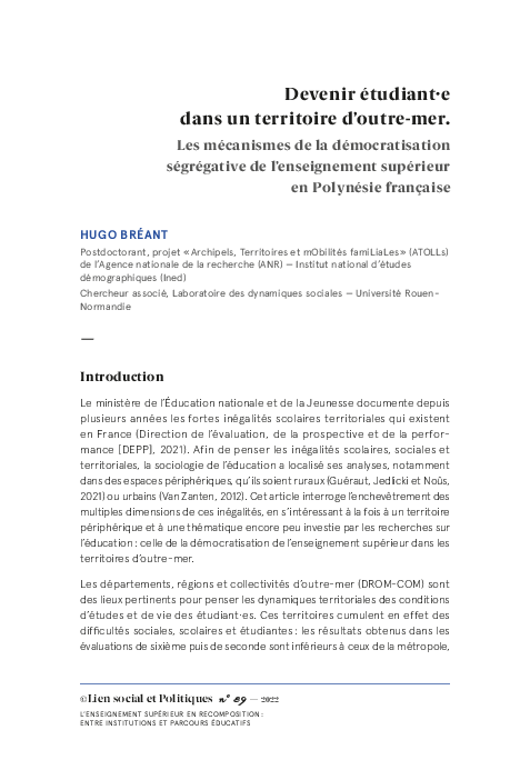 (PDF) Hugo Bréant - Devenir étudiant·e dans un territoire d’outre-mer ...