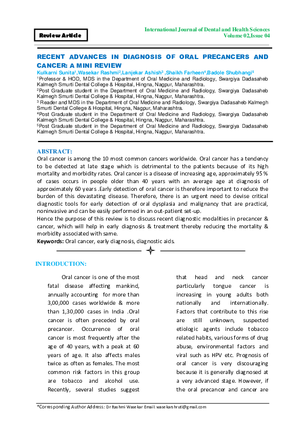 (PDF) Recent Advances in Diagnosis of Oral Precancers and Cancer: A ...