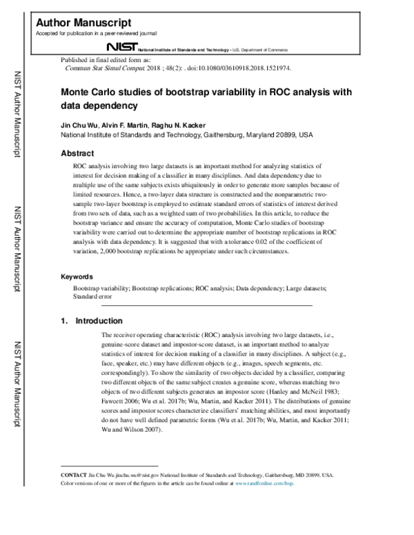 (PDF) Monte Carlo studies of bootstrap variability in ROC analysis with ...