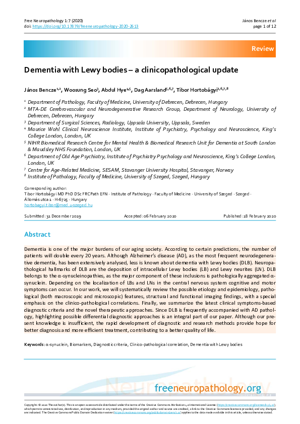 (PDF) Dementia with Lewy bodies – a clinicopathological update