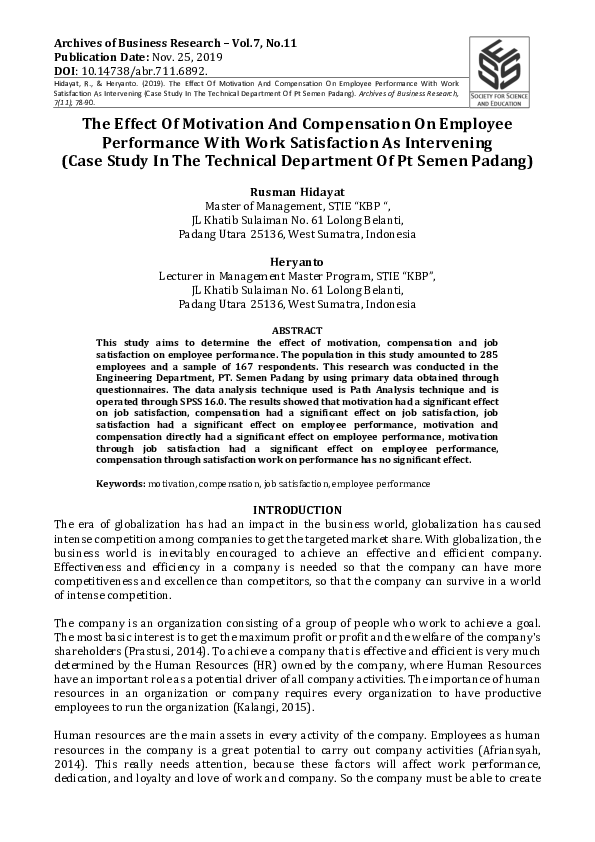 (PDF) The Effect of Motivation and Compensation on Employee Performance ...