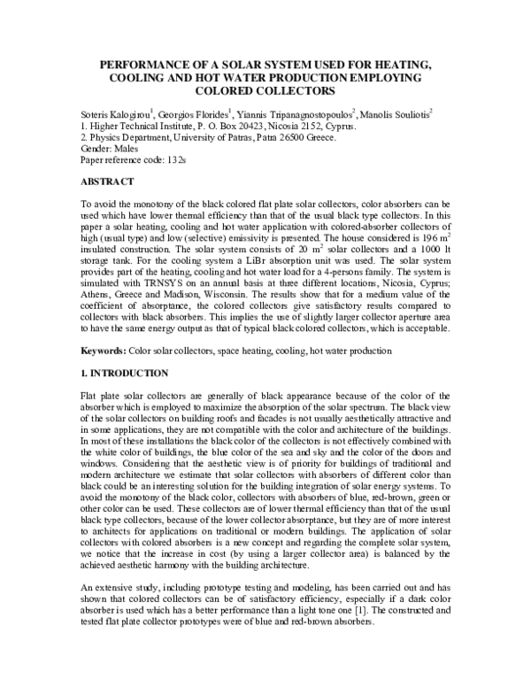 (PDF) Performance of a Solar System used for Heating Cooling and Hot ...